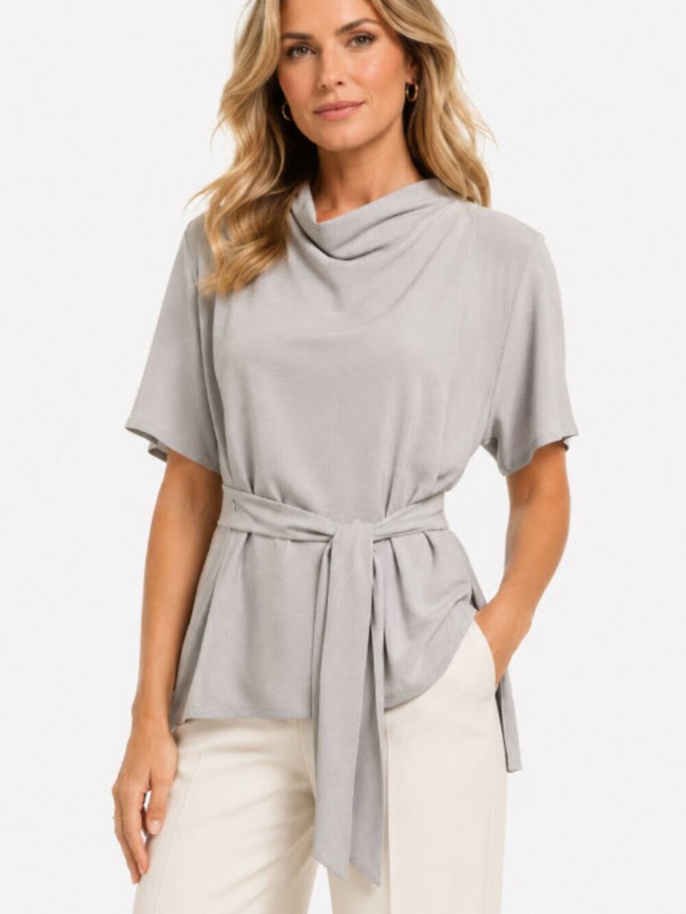 Ann Taylor Light Grey Cowl Neck Tie Waist Top Relaxed Drapey Blouse Size large